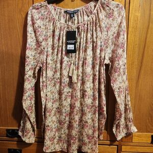 American Living Women's Tie Front Long Sleeve Beige & Pastels Floral Top Size M